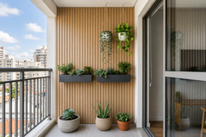 ardim minimalista em varanda urbana com painel ripado de madeira e plantas ornamentais