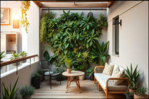 Jardim exótico minimalista em varanda pequena urbana com plantas tropicais e decoração elegante